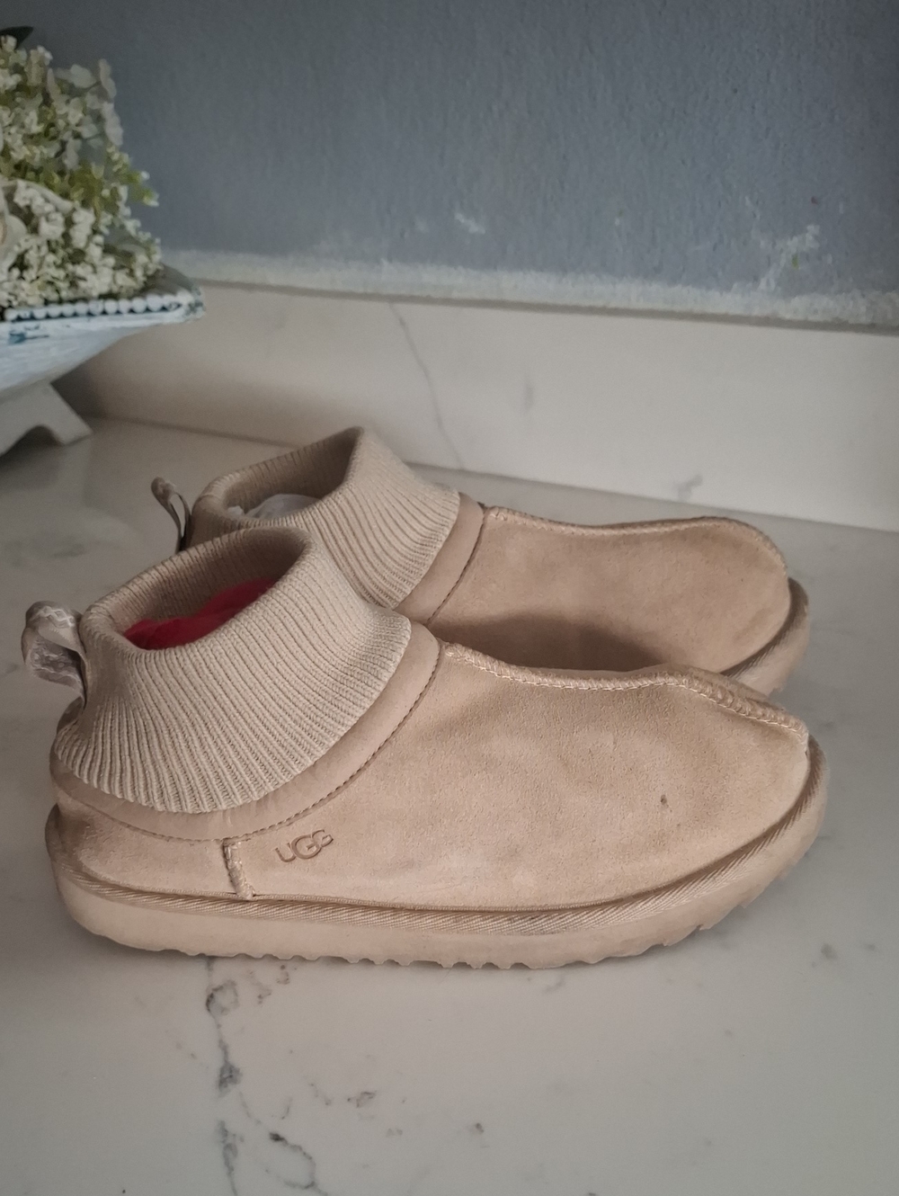 UGG Kids Beige Suede Slip-On Shoes with Rib Knit Collar
